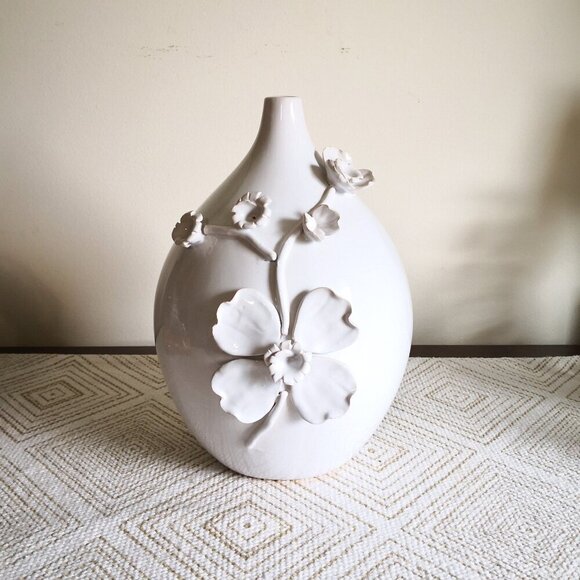 Pier 1 Embossed Floral Ceramic Vase White 6" Dia. 11" H - Picture 1 of 4